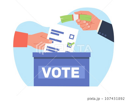 Vote buying by political candidates. Voting election corruption. Bribery in election process. Politician holding money and voter holding ballot cartoon flat style isolated vector concept 107431892