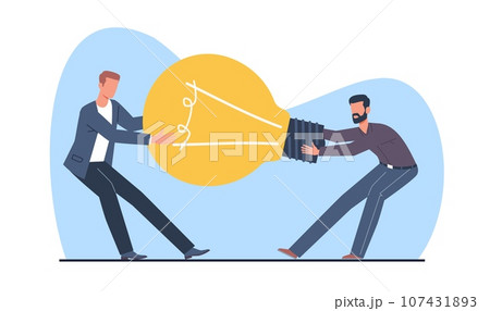 Two businessmen fight over light bulb as symbol of idea and copyright. Creativity to win business competition. Workers search solution. Men rivalry. Cartoon flat isolated vector concept 107431893
