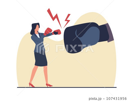 Female businessman boxing with big hand, concept of unfair competition. Woman in boxing gloves fighting. Confrontation between employee and boss or manager. Vector cartoon flat illustration Female businessman boxing with big hand, concept of unfair competition. Woman in boxing gloves fighting. Confrontation between employee and boss or manager. Vector cartoon flat illustration 107431956