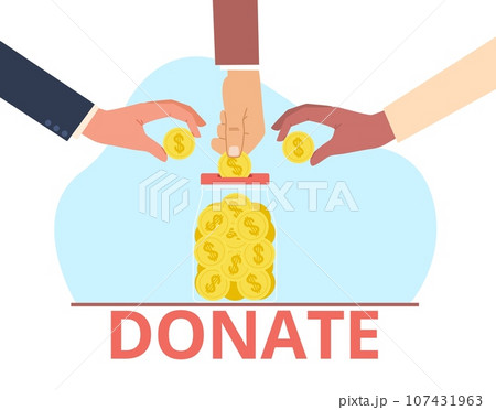 Concept of donation, charity, hands dropping coins into glass jar. Humanitarian assistance, sponsor giving money. Empathy and help. Vector cartoon flat style isolated altruism illustration 107431963