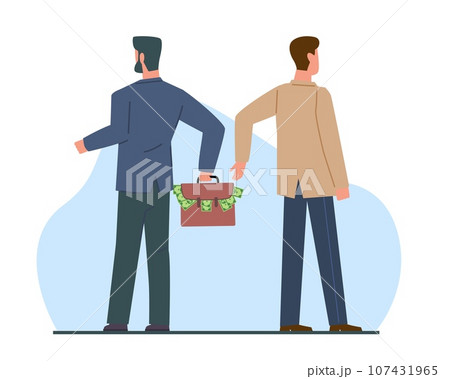 Concept of corruption, man hands another man suitcase full of money. Financial crime, giving bribe in cash, bribery in business. Bribery in business. Vector cartoon flat isolated illustration 107431965