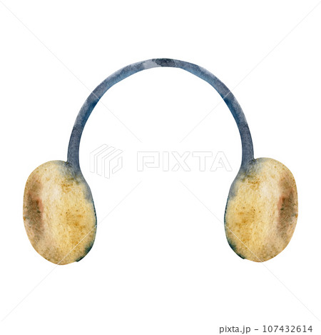 Hand drawn watercolor illustration. beige blue warm earmuffs, fluffy ear protectors for wear in cold weather, accessory. Single object isolated on white background. For shop, logo, print, paper, card 107432614