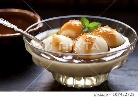 Curd balls in rasgulla syrup. Indian cuisine. Close-up 107432728