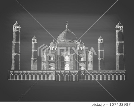Taj Mahal - chalk drawing on the blackboard. Hand drawn sketch in vintage engraving style of white marble mausoleum mosque. Mughal architecture. Landmark of India. Vector illustration. 107432987