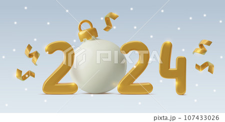 2024 New Year 3d gold numbers with big Christmas ornament and confetti light snowing background 2024 New Year 3d gold numbers with big Christmas ornament and confetti light snowing background 107433026