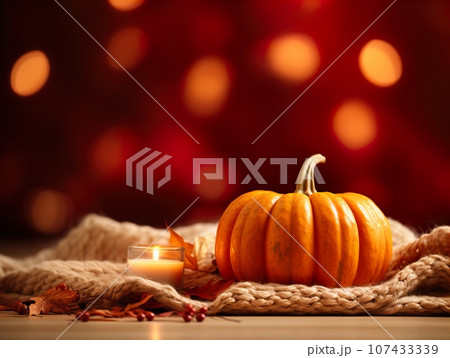 Beautiful fall holiday decorations, autumn decorative creative background with copy space in brown and orange colors, bokeh lights 107433339