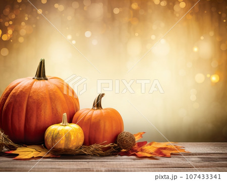 Beautiful fall holiday decorations, autumn decorative creative background with copy space in brown and orange colors, bokeh lights Beautiful fall holiday decorations, autumn decorative creative background with copy space in brown and orange colors, bokeh lights 107433341