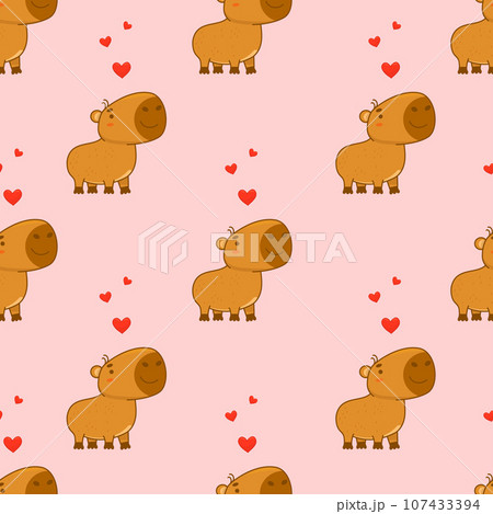 Seamless pattern. Cute animal capybara on pink background with hearts. Vector illustration for festive design, wallpaper, packaging, textile. kids collection. 107433394