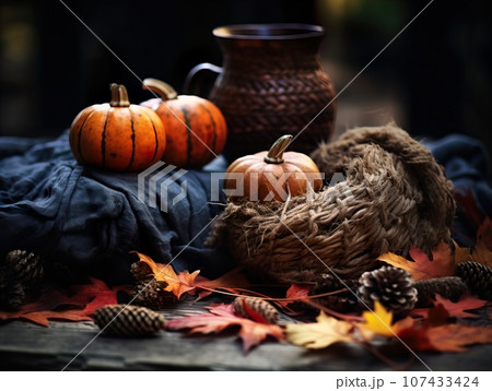 Beautiful fall decorations, autumn decorative background in brown and orange colors Beautiful fall decorations, autumn decorative background in brown and orange colors 107433424