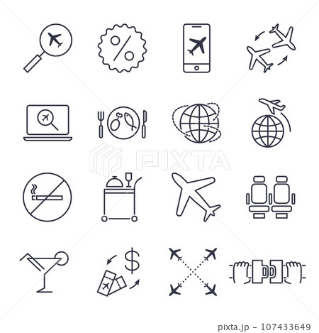 Airport and airplane icons set - vectorline air travel symbols. Airport outline signs or logo elements 107433649