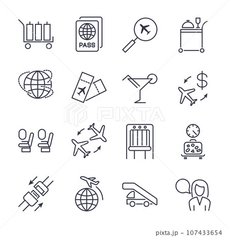 Simple airport icons set. Universal airport icons to use for web and mobile UI, set of basic UI airport elements. Baggage, plane,tickets, airway, seat belts and other. Icon set with editable stroke 107433654