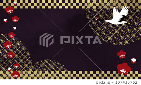 和柄と梅を背景に鶴が舞うおめでたい背景フレームイラスト 107433762
