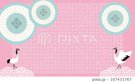 和傘と鶴がモチーフの和柄のキュートなおめでたい背景フレームイラスト 107433767