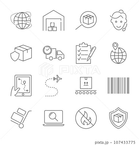 Parcel delivery service and logistics icon set. Fast delivery and quality service transportation. Shipping vector icons for logistic company. Editable Stroke. 107433775