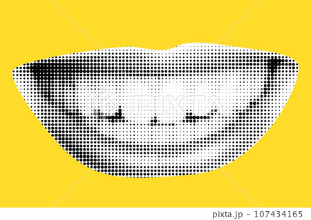 Female lips in halftone treatment for collage on yellow background. Beautiful happy smile with teeth. vector trendy illustration in dot like pop art 107434165