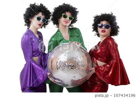 A group of disco girls in African American wigs and colorful