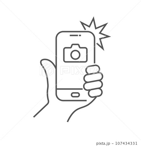 The hand hold the smartphone and photographed with a flash. Photo on smartphone. Editable Stroke The hand hold the smartphone and photographed with a flash. Photo on smartphone. Editable Stroke 107434331
