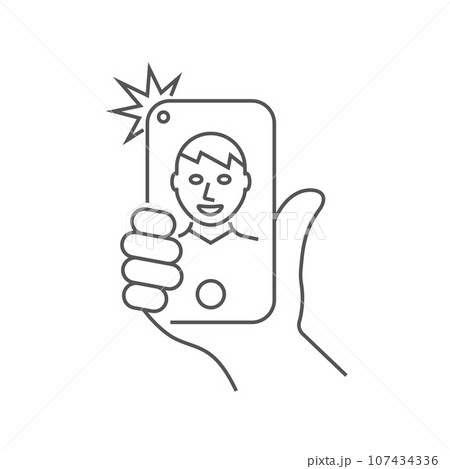 Hand is holding smartphone and the guy is taking a selfie. Editable Stroke. EPS 10. 107434336