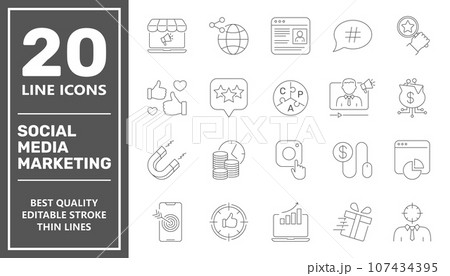 SMM icons set collection. Includes simple elements such as Content, Video Marketing, Copywriting, Ad Targeting, Audience Marketing, Blogging and Landing Page. Editable Stroke. EPS 10. SMM icons set collection. Includes simple elements such as Content, Video Marketing, Copywriting, Ad Targeting, Audience Marketing, Blogging and Landing Page. Editable Stroke. EPS 10. 107434395