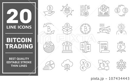 Bitcoin trading icons. Digital money, bitcoin vector line icons, minimal pictogram design, Editable Stroke. EPS 10. Bitcoin trading icons. Digital money, bitcoin vector line icons, minimal pictogram design, Editable Stroke. EPS 10. 107434443