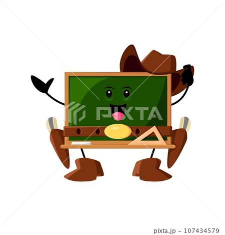 Cartoon blackboard school supply cowboy, ranger, sheriff and robber character. Isolated vector personage with a ten-gallon hat, boots, and guns, ready to wrangle knowledge on wild chalkboard frontier 107434579