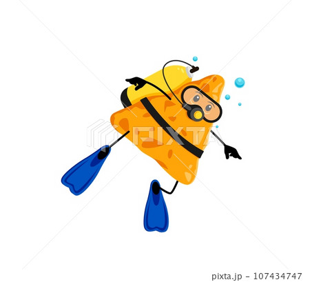 Cartoon fast food nachos chip diver character. Mexican fast food snack funny character, junk food cafe meal or takeaway menu nacho chip cheerful vector personage or childish mascot diving in sea 107434747