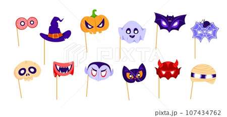 Halloween holiday photo booth masks with props. Isolated cartoon vector set of witch hat and vampire face, mummy and pumpkin. Bat, devil, skull and eyeballs. Ghost, spider with cobweb and black cat Halloween holiday photo booth masks with props. Isolated cartoon vector set of witch hat and vampire face, mummy and pumpkin. Bat, devil, skull and eyeballs. Ghost, spider with cobweb and black cat 107434762