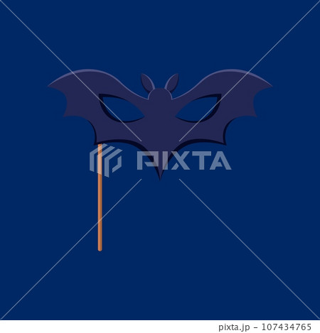 Cartoon Halloween bat photo booth mask with props. Isolated vector black winged animal accessory with holes for eyes, adding a touch of spooky fun to photobooth fun, carnival look and photo memories Cartoon Halloween bat photo booth mask with props. Isolated vector black winged animal accessory with holes for eyes, adding a touch of spooky fun to photobooth fun, carnival look and photo memories 107434765