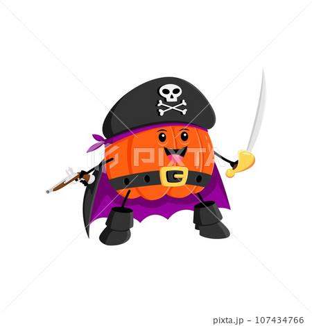 Cartoon Halloween pumpkin pirate character. Isolated vector mischievous captain jack-o-lantern gourd personage with grinning face, wields a swashbuckling sword, ready for adventures on the high seas Cartoon Halloween pumpkin pirate character. Isolated vector mischievous captain jack-o-lantern gourd personage with grinning face, wields a swashbuckling sword, ready for adventures on the high seas 107434766