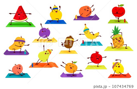 Cartoon fruit characters on yoga, farm food vector personages doing fitness and pilates sport exercises. Cute banana, apple, lemon, pineapple and watermelon, orange and mango performing yoga poses Cartoon fruit characters on yoga, farm food vector personages doing fitness and pilates sport exercises. Cute banana, apple, lemon, pineapple and watermelon, orange and mango performing yoga poses 107434769