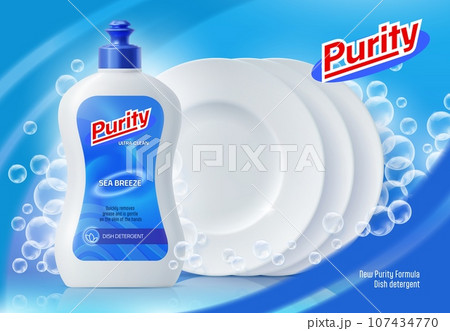 Dish detergent bottle, cleanser soap bubbles and clean plates. 3d vector ads poster with dishware cleaner tube and platters on blue background. New purity formula of dishwasher, ads promo template Dish detergent bottle, cleanser soap bubbles and clean plates. 3d vector ads poster with dishware cleaner tube and platters on blue background. New purity formula of dishwasher, ads promo template 107434770