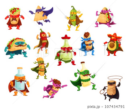 Cartoon tex mex food superhero characters. Vector fast food personage of mexican cuisine with super hero costumes, capes. Cute taco, burrito, nacho and churro, chili, avocado, tequila and quesadilla 107434791