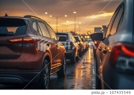 Traffic jam with a lot of cars on rainy evening 107435549