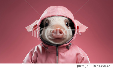 Cute pig wearing hoodie on a pink background 107435632