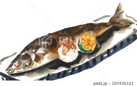水彩で描いた焼き秋刀魚23103pix7 水彩で描いた焼き秋刀魚23103pix7 107436181