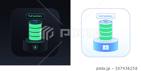 Full battery. Abstract battery with high charge level indicator. Inductive electric station, charging platform with warning alert. Full charged accumulator, high energy level. Vector illustration 107436258