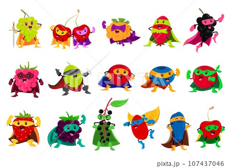 Cartoon berry superhero and defender characters. Vector cranberry, blackberry, rosehip and birds cherry. Honey berry, barberry, cloudberry and blueberry. Gooseberry, grapes, raspberry or strawberry 107437046