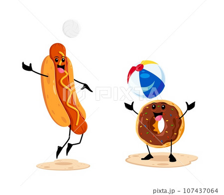 Cartoon fast food hot dog and donut playing on the summer beach with ball. Takeaway restaurant dish happy character, fast food cafe meal funny vector mascots or personages having fun on vacation Cartoon fast food hot dog and donut playing on the summer beach with ball. Takeaway restaurant dish happy character, fast food cafe meal funny vector mascots or personages having fun on vacation 107437064