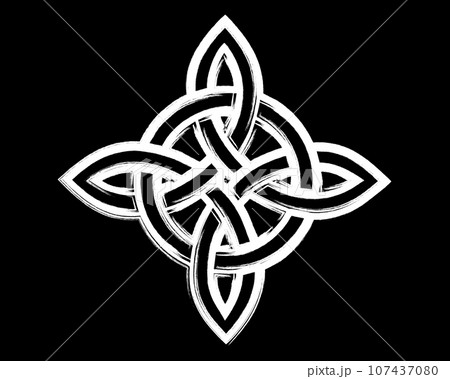 The Witch's Knot, Wicca symbol, Power of four elements, paint brush stroke style, white grunge celtic cross vector graphic design isolated on black background 107437080