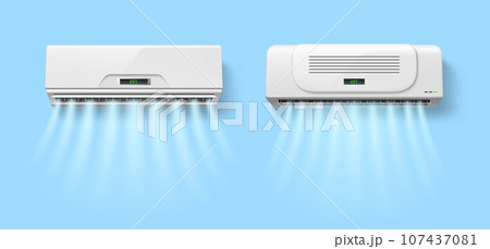 Realistic air conditioner, climate control, cooling and ventilation technology, cold wind flow. Isolated 3d vector device, working fan, home conditioning system for maintaining comfortable temperature 107437081