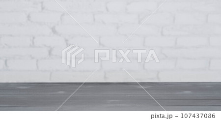 wooden surface in front of white brick wall 3d render illustration 107437086