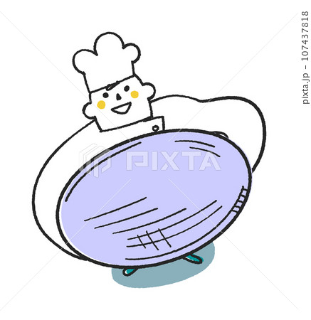 おおきなざるを持ってこちらを見上げるコックまたは料理人　イラスト素材 107437818