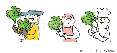秋冬撒き野菜　カブを手に持った農家さん、主婦、料理人　セット　イラスト素材 107437848