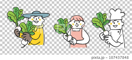 秋冬撒き野菜　カブを手に持った農家さん、主婦、料理人　セット　イラスト素材 107437848