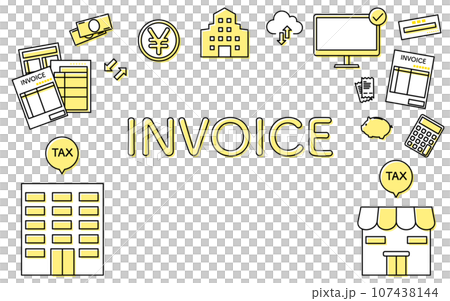 インボイス制度のイメージアイコンフレームとINVOICEの文字 インボイス制度のイメージアイコンフレームとINVOICEの文字 107438144