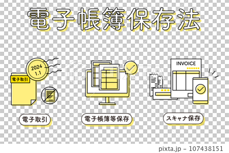 電子帳簿保存法の制度、電子取引・電子帳簿等保存・スキャナ保存のイラスト 107438151