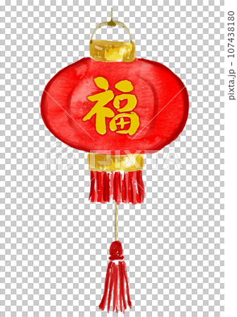 春節の福の文字の入った赤と金の艶やかな提灯 107438180