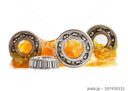 Ball bearing stainless with grease lithium machinery lubrication for automotive and industrial  isolated on white background. 107438331