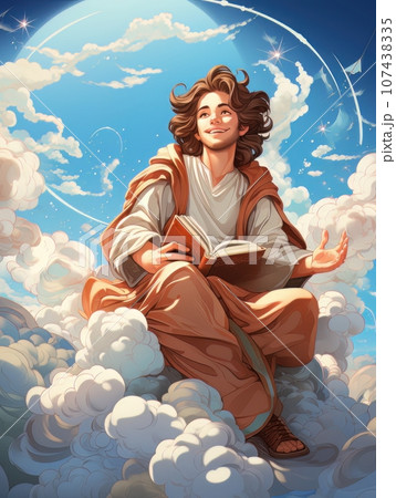 Cartoon Jesus Christ sitting in the clouds in the heavens of paradise. AI Cartoon Jesus Christ sitting in the clouds in the heavens of paradise. AI 107438335