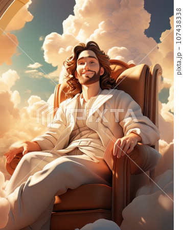 Cartoon Jesus Christ sitting in the clouds in the heavens of paradise. AI 107438338